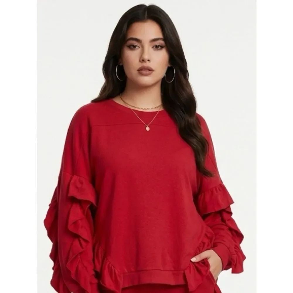 ABOUND | Ruffle Sleeve Oversized Sweatshirt Red Crewneck XL